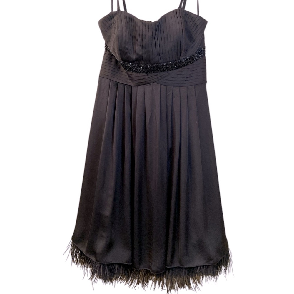 Jessica Simpson Black Dress Beaded Pleated Top Feather Hem Spaghetti Strap SZ 6
